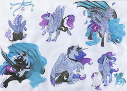 Size: 6721x4834 | Tagged: safe, artist:dawn22eagle, nightmare moon, princess luna, oc, oc:heavenly aster, oc:raven dusk, alicorn, bat pony, classical unicorn, pony, unicorn, g4, luna eclipsed, absurd resolution, adopted offspring, bat wings, cloven hooves, colored hooves, colored wings, colored wingtips, colt, crib mobile, ethereal mane, filly, horn, jewelry, leg rings, leonine tail, male, necklace, next generation, original designs, original style, parent:princess luna, realistic horse legs, tail feathers, timeline, traditional art, transformation, unshorn fetlocks, woona