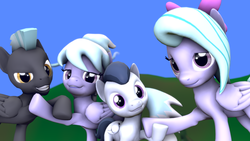Size: 3840x2160 | Tagged: safe, artist:viranimation, cloudchaser, flitter, rumble, thunderlane, pegasus, pony, g4, 3d, colt, cute, female, high res, looking at you, male, mare, ship:flitterumble, ship:thunderchaser, shipping, source filmmaker, stallion, straight, straight shota