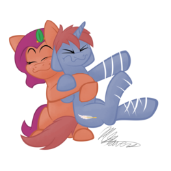 Size: 1000x1000 | Tagged: safe, artist:hoodwinkedtales, oc, oc only, oc:fruit punch, oc:prime warner, earth pony, pony, unicorn, fanfic:blank, cute, cutie mark, flailing, simple background, snuggling, transparent background