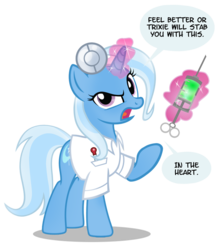 Size: 900x1007 | Tagged: safe, artist:pixelkitties, trixie, pony, unicorn, g4, clothes, doctor, female, glowing horn, horn, magic, mare, simple background, solo, speech, speech bubble, syringe, telekinesis, transparent background, uniform, vector