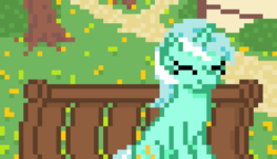 Size: 472x272 | Tagged: safe, artist:parallel black, lyra heartstrings, pony, unicorn, g4, bench, eyes closed, female, pixel art, sitting, smiling, solo