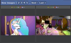 Size: 518x315 | Tagged: safe, fluttershy, pinkie pie, princess celestia, derpibooru, g4, juxtaposition, juxtaposition win, kissing, meme, meta, unpleased