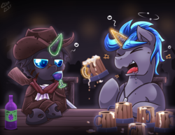 Size: 1944x1500 | Tagged: safe, artist:vavacung, oc, oc only, changeling, pony, unicorn, alcohol, bar, clothes, cowboy hat, drink, drinking, drool, drunk, gun, hat, male, mug, open mouth, weapon