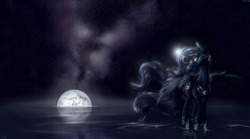Size: 4400x2450 | Tagged: safe, artist:whit3-dr4g0n, princess luna, g4, female, magic, mare in the moon, moon, moon work, night, night sky, painting, solo, stars, water