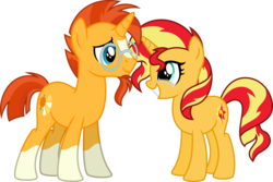 Size: 5310x3544 | Tagged: safe, artist:osipush, sunburst, sunset shimmer, pony, unicorn, g4, absurd resolution, coat markings, cousins, crying, cute, duo, facial hair, female, glasses, goatee, grin, headcanon, male, mare, missing accessory, reunion, simple background, smiling, socks (coat markings), stallion, tears of joy, teary eyes, transparent background, vector
