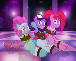 Size: 1024x819 | Tagged: safe, artist:radiantrealm, azure velour, flashdancer, pacific glow, earth pony, pony, g4, bondage, cap, clothes, club pony party palace, damsel in distress, dance floor, female, gag, hat, help us, kidnapped, looking at you, pacifier, pants, raver, ropes, scared, show accurate, tape gag, tied up, trio