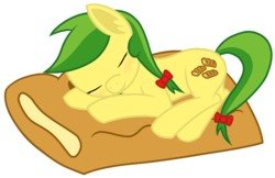 Size: 804x520 | Tagged: safe, artist:mansun, apple fritter, earth pony, pony, g4, apple family member, apple fritter (food), female, food, mare, simple background, sleeping, solo, transparent background