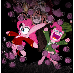 Size: 925x909 | Tagged: safe, artist:ponymaan, pinkie pie, comic:lyra-lyra's bizarre adventure, g4, alice in wonderland, comic, food, mad hatter, march hare, tea