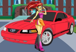 Size: 5700x3900 | Tagged: safe, artist:amante56, artist:evilash3051, artist:ponut_joe, sunset shimmer, equestria girls, g4, absurd resolution, alternate hairstyle, belly button, boots, car, choker, clothes, crystal heart, crystal prep academy, female, ford, ford mustang, glasses, hairband, high heel boots, high heels, legs, midriff, miniskirt, ponytail, skirt, solo, stairs, tank top, wide hips