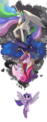 Size: 600x1541 | Tagged: safe, artist:hairyfood, princess cadance, princess celestia, princess flurry heart, princess luna, twilight sparkle, alicorn, pony, g4, alicorn pentarchy, alicorn tetrarchy, eyes closed, flying, mother and daughter, simple background, spread wings, twilight sparkle (alicorn), white background