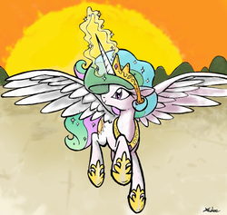 Size: 771x731 | Tagged: safe, artist:yewdee, princess celestia, g4, female, flying, magic, solo, sun, sunrise