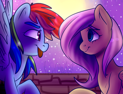 Size: 2048x1556 | Tagged: safe, artist:slynecallisto, fluttershy, rainbow dash, pony, g4, female, lesbian, looking at each other, mare, night, ship:flutterdash, shipping, stars, tongue out, wall