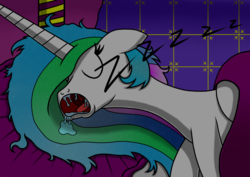 Size: 3464x2456 | Tagged: safe, artist:heartshielder1991, princess celestia, g4, bed mane, drool, female, high res, majestic as fuck, messy mane, open mouth, pillow, sleeping, snoring, solo, zzz