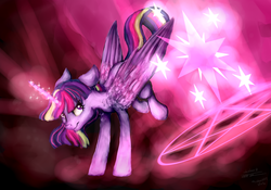 Size: 1024x717 | Tagged: safe, artist:loladotz, twilight sparkle, alicorn, pony, g4, bucking, female, floppy ears, magic, solo, twilight sparkle (alicorn)