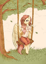 Size: 2089x2910 | Tagged: safe, artist:nightskrill, oc, oc only, pegasus, anthro, unguligrade anthro, anthro oc, clothes, female, high res, leaves, mare, not fluttershy, pants, shirt, solo, spread wings, swing, tree