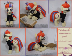 Size: 3090x2400 | Tagged: dead source, safe, artist:doublebackstitcharts, moondancer, g4, book, high res, irl, photo, plushie, prone, reading, solo