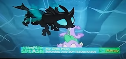 Size: 854x403 | Tagged: safe, screencap, spike, thorax, changeling, dragon, g4, the times they are a changeling, discovery family logo, duo, mouth hold