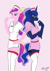 Size: 1024x1456 | Tagged: safe, artist:sketchychangeling, princess cadance, princess luna, anthro, g4, clothes, costume, duo, nurse, stockings