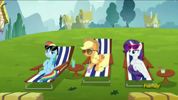 Size: 1920x1080 | Tagged: safe, screencap, applejack, rainbow dash, rarity, earth pony, pegasus, pony, unicorn, g4, the cart before the ponies, amused, applejack's hat, beach chair, beautiful, chair, cowboy hat, cute, dashabetes, drink, eyeshadow, female, hat, hay, hay bale, lidded eyes, looking at each other, lying, lying down, makeup, mare, on back, ponyville, prone, relaxing, scenery, sheepish grin, smiling, stetson, sunglasses, trio