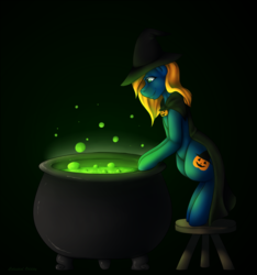 Size: 4463x4778 | Tagged: safe, artist:mamachubs, oc, oc only, oc:masquerade, absurd resolution, brew, cauldron, cloak, clothes, hat, jack-o-lantern, solo, witch, witch hat
