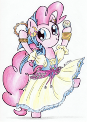 Size: 900x1254 | Tagged: safe, artist:oriwhitedeer, pinkie pie, earth pony, pony, friendship is witchcraft, g4, bipedal, clothes, dress, female, gypsy pie, solo, traditional art