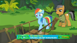 Size: 1600x900 | Tagged: safe, screencap, quibble pants, rainbow dash, earth pony, pegasus, pony, g4, stranger than fan fiction, bridge, female, male, mare, stallion