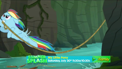 Size: 1920x1080 | Tagged: safe, screencap, rainbow dash, pony, g4, stranger than fan fiction, female, flying, mare, river, rope, solo, water