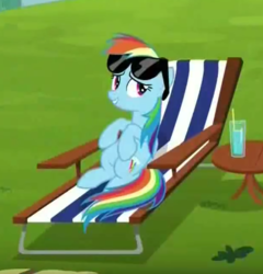 Size: 413x431 | Tagged: safe, screencap, rainbow dash, pegasus, pony, g4, the cart before the ponies, beach chair, chair, cropped, cute, dashabetes, female, lying down, mare, solo, sunglasses