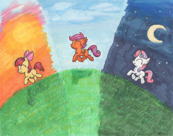 Size: 1920x1509 | Tagged: safe, artist:catscratchpaper, apple bloom, scootaloo, sweetie belle, earth pony, pegasus, pony, unicorn, g4, cutie mark crusaders, dawn, day, eyes closed, female, filly, foal, night, trotting