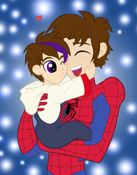 Size: 2390x3042 | Tagged: safe, artist:edcom02, artist:jmkplover, oc, oc:ben parker sparkle, human, spiders and magic: rise of spider-mane, crossover, father and son, high res, hug, male, offspring, parent:peter parker, parent:twilight sparkle, parents:spidertwi, peter parker, spider-man, spiders and magic iv: the fall of spider-mane