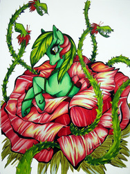 Size: 900x1200 | Tagged: safe, artist:divinekitten, oc, oc only, alraune, earth pony, pony, castlevania, crossover, flower, monster, plant, solo, traditional art