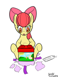 Size: 900x1200 | Tagged: safe, artist:junaecbs, apple bloom, earth pony, pony, g4, christmas, female, filly, foal, lego, present, solo, toy