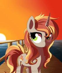 Size: 2540x3000 | Tagged: safe, artist:sevedie, oc, oc only, oc:ciri, pony, unicorn, female, high res, looking at something, ocean, pier, solo, sunrise, sunset
