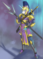 Size: 921x1260 | Tagged: safe, artist:antiartian, shining armor, anthro, g4, armor, helmet, male, solo, spear, sword, weapon