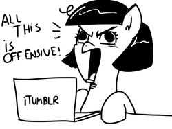 Size: 816x615 | Tagged: safe, oc, oc only, pony, angry, angry eyes, computer, dialogue, laptop computer, monochrome, offended, open mouth, simple background, solo, tumblr, white background, yelling