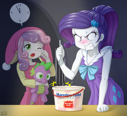 Size: 1200x1095 | Tagged: safe, artist:uotapo, rarity, spike, sweetie belle, human, equestria girls, g4, :o, angry, blushing, breasts, bucket, challenge, cleavage, clock, clothes, colored pupils, cute, diasweetes, doll, duo, female, food, frustrated, frustration, glare, gritted teeth, hat, ice cream, nightcap, nightgown, one eye closed, open mouth, pajamas, plushie, ponytail, siblings, sisters, sleepy, spike plushie, spoon, toy, uotapo is trying to murder us, wide eyes, wink, yawn