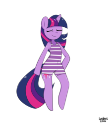 Size: 2000x2250 | Tagged: safe, artist:leslers, twilight sparkle, anthro, g4, arm hooves, clothes, eyes closed, female, high res, one-piece swimsuit, simple background, solo, swimsuit, transparent background