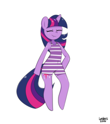 Size: 2000x2250 | Tagged: safe, artist:leslers, twilight sparkle, anthro, g4, arm hooves, clothes, eyes closed, female, high res, one-piece swimsuit, simple background, solo, swimsuit, transparent background, unitard