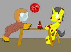 Size: 1280x949 | Tagged: safe, artist:minty candy, oc, oc only, oc:night strike, earth pony, ghoul, pegasus, pony, unicorn, fallout equestria, fallout equestria: empty quiver, clock, diving suit, indoors, shocked, sparkle cola, story, table, yelling