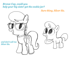 Size: 1400x1099 | Tagged: safe, artist:pepsi twist, silver spoon, oc, oc:bronze cup, g4, dialogue, siblings