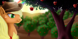 Size: 1000x500 | Tagged: safe, artist:karendrae, applejack, g4, apple tree, female, rainbow, solo, tree