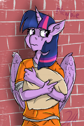 Size: 400x600 | Tagged: safe, artist:shimazun, twilight sparkle, alicorn, anthro, g4, clothes, female, orange is the new black, pillow, prison outfit, prisoner ts, shirt, solo, twilight sparkle (alicorn), undershirt