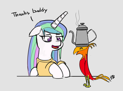 Size: 1280x942 | Tagged: safe, artist:pabbley, philomena, princess celestia, alicorn, phoenix, pony, g4, 30 minute art challenge, bed mane, clothes, coffee, dialogue, kettle, morning ponies, mundane utility, open mouth, simple background