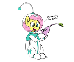 Size: 1280x1075 | Tagged: safe, artist:pabbley, fluttershy, pikmin, pony, g4, 30 minute art challenge, astronaut, crossover, dialogue, female, mare, pikmin (series), purple pikmin, simple background, spacesuit, white background
