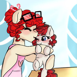 Size: 800x800 | Tagged: safe, artist:h0mi3, twist, oc, oc only, earth pony, pony, g4, apron, blushing, clothes, female, mare, mother and daughter, offspring, older, parent:truffle shuffle, parent:twist, parents:twuffle, solo