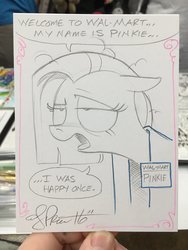 Size: 1536x2048 | Tagged: safe, artist:andy price, pinkie pie, earth pony, pony, g4, bad end, bust, dialogue, exhausted, female, i was happy once, lidded eyes, name tag, pinkamena diane pie, solo, speech bubble, traditional art, walmart