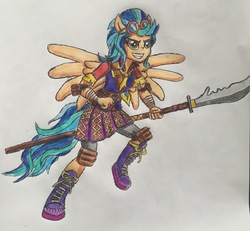 Size: 2331x2151 | Tagged: safe, artist:bozzerkazooers, indigo zap, equestria girls, g4, female, guandao, high res, ponied up, solo, spear, traditional art, weapon