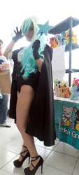 Size: 2080x4608 | Tagged: safe, artist:ribbonbell, trixie, human, g4, cape, clothes, cosplay, costume, high heels, irl, irl human, leotard, magician, magician outfit, photo, plushie, tuxedo, wand