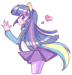 Size: 1024x1074 | Tagged: safe, artist:riouku, twilight sparkle, equestria girls, g4, clothes, cute, female, looking at you, looking back, pleated skirt, school uniform, skirt, smiling, solo, twiabetes, twilight sparkle (alicorn), wondercolts