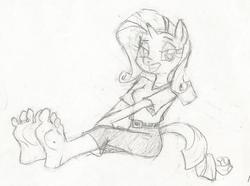 Size: 610x454 | Tagged: safe, artist:dertikleen, rarity, anthro, plantigrade anthro, g4, barefoot, feet, foot fetish, looking at you, monochrome, sitting, smiling, traditional art